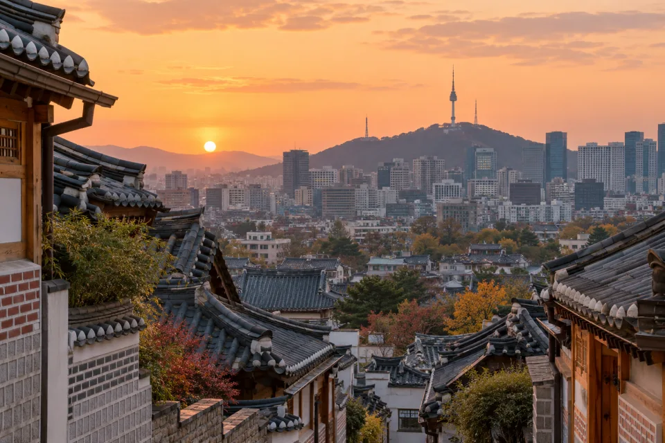 Seoul rooftops and Namsan tower at sunset
